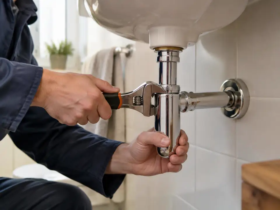 Plombier à Avignon resserrant un siphon sous un lavabo